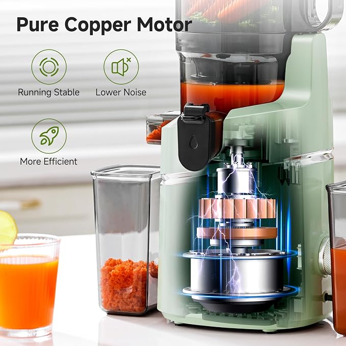 AMZCHEF Cold Press Juicer Machine, 5.8" Wide Chute for Whole Fruits & Vegetables, Self-Feeding Slow Masticating Juicer, 3-in-1 for Juice, Nut Milk & Sorbet, Triple Filtration, Easy Clean
