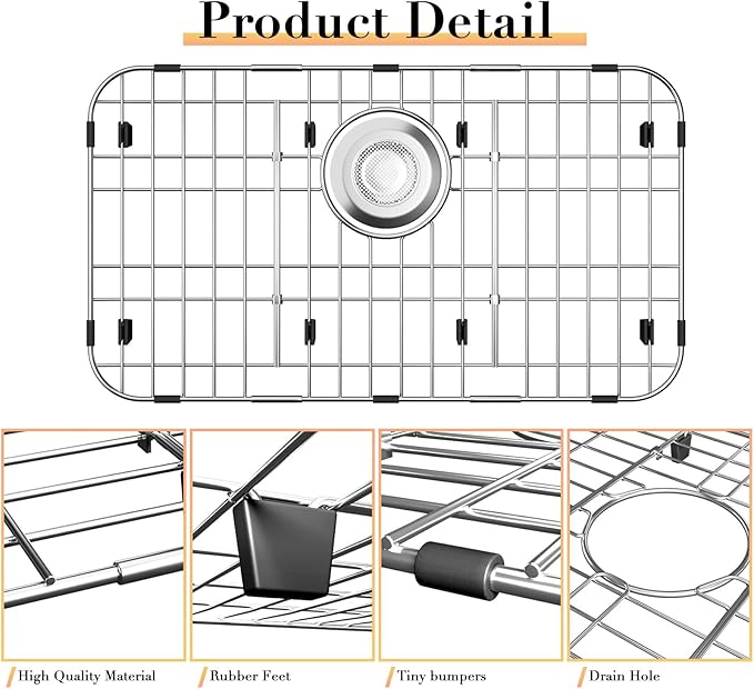 23’’ x 13’’ Sink Protectors for Kitchen Sink, Stainless Steel Kitchen Sink Protector, Sink Grate for Bottom of Kitchen Sink with Rear Drain, Sink Grid for Single Bowl Kitchen Sink