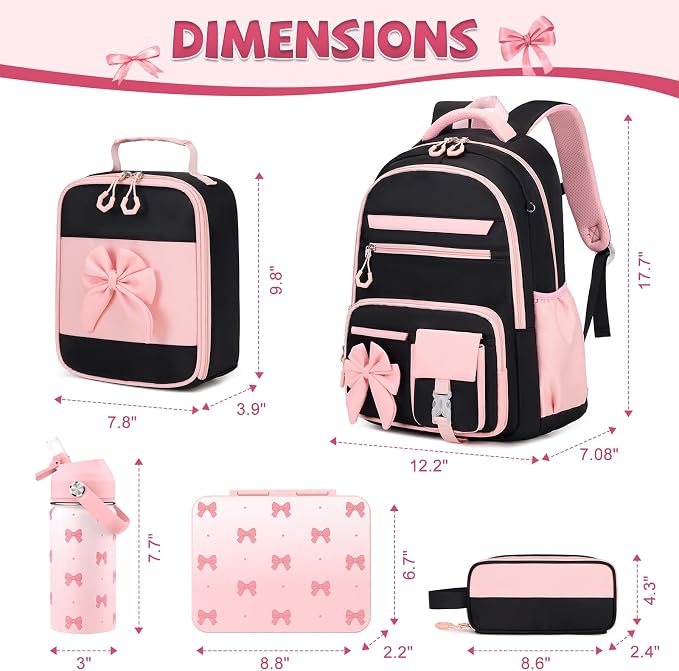 DIGOBAY 5PCS Girls Backpack - Includes 14oz Insulated Water Bottle & Bento Box for kids, Girls School Backpack Set with Lunch Bag & Pencil Case, Girls Teens for Elementary Preschool Middle School