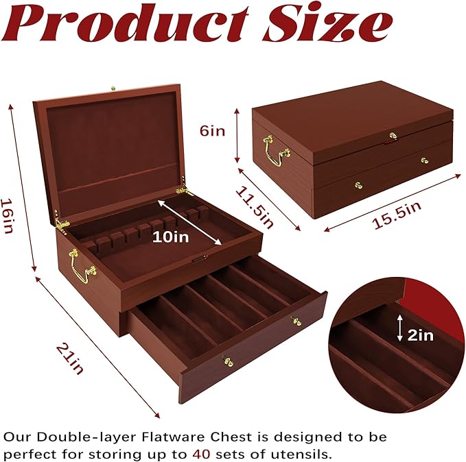 Silverware Storage Box Solid Wood with Lid, Silverware Organizer with Handle and Felt Lined, Silverware Storage Chest for Flatware and Utensils Home Decor Gift, Chest for Flatware (Walnut, 2 Layer)