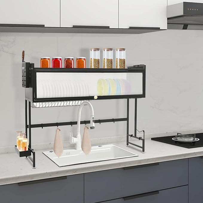 Over The Sink Dish Drying Rack 2 Tier Large Dish Drainer Drying Rack 41.33" W Multifunctional Kitchen Organizers and Storage for Dishes, Glasses, Bowls, and Cutlery (Black)