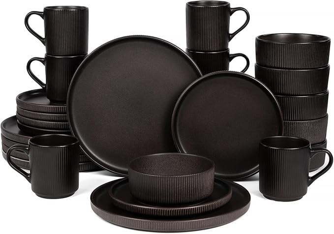 OTAGO 24-Piece Dinnerware Set for 6 with Mugs, Ribbed Stoneware Plates and Bowls Sets, Unique Handcrafted Reactive Glaze, Chip and Scratch Resistant Dish Set, Microwave & Dishwasher Safe, Black
