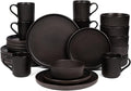 OTAGO 24-Piece Dinnerware Set for 6 with Mugs, Ribbed Stoneware Plates and Bowls Sets, Unique Handcrafted Reactive Glaze, Chip and Scratch Resistant Dish Set, Microwave & Dishwasher Safe, Black