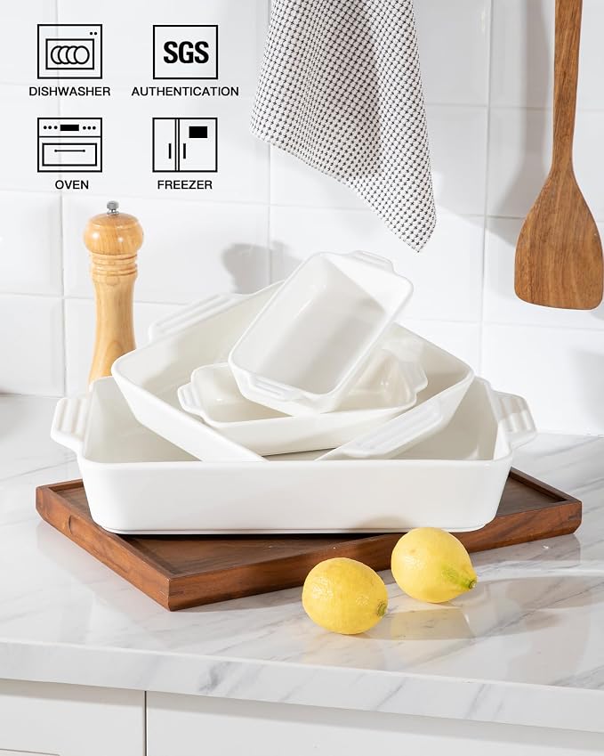 Sweejar Ceramic Bakeware Set of 4, Casserole Dishes for Oven, Rectangular Baking Dish with Handles, Lasagna Pans Deep for Cooking, Gratin, Roasting, Banquet and Daily Use (White)