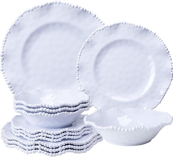 White Beaded Melamine Dinnerware Set, 18 piece Dishwasher Safe Plates and Bowls for Dining, Parties, Camping Dish Set