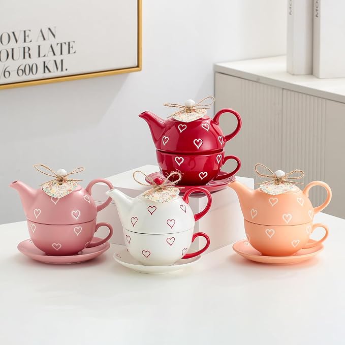 Domini Teapot cup combo,Teapot and Teacup for One,Tea Cup and Saucer Set-Tea Pot Set Gift for Girl Women,Bright white