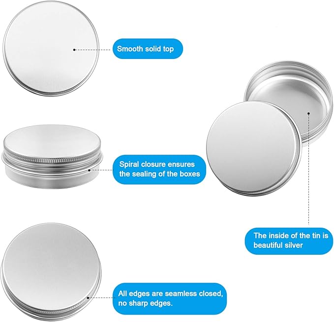 Patelai 2 oz Silver Metal Round Tins Aluminum Tin Cans Salve Tins Containers with Screw Lid 10 Sheets Stickers for Salve Spice Candies Balms Candles, 36 Pack (Classic Style)