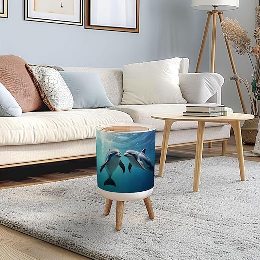 Trash Can with Lid Two Dolphins Happily Swimming Ocean Press Top Round Small Garbage Bin with Wooden Legs Waste Basket for Kitchen Bedroom Nursery 7L/1.8 Gallon
