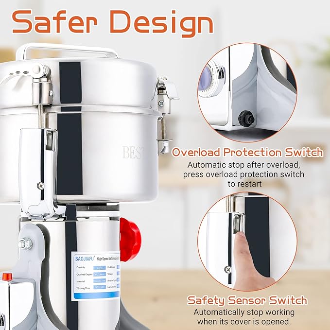 Electric Grain Mill Grinder 2000g High-speed Grain Spice Herb 3500W Dry Grinder Machine 304 Stainless Steel Superfine powder high-speed grain mill 36000r/min for Kitchen Home and Commercial