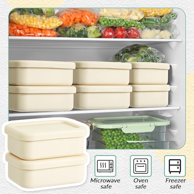 Teenyyou 6 Packs Silicone Soup Freezer Molds with Lid Silicone Soup Freezer Trays Rectangle Reusable Food Preserving Tray Freezing Sauces Stews (Beige,2 Cup)