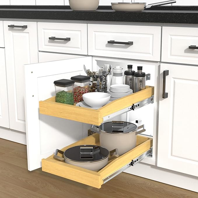 2 Tier Pull Out Cabinet Organizer, 14"W x 21"D Solid Wood Heavy-Duty Base Bottom Assembly Slide out Drawer Shel Cabinet Organization for Kitchen, Pantry, Bathroom