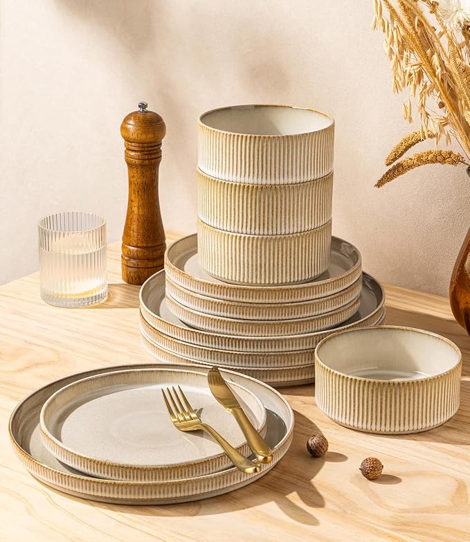 GBHOME Stoneware Dinnerware Sets for 4, 12 Pieces Lightweight Ceramic Ribbed Plates and Bowls Set, Reactive Glaze Stackable Plate Sets, Scratch Resistant Dishes, Microwave & Dishwasher Safe,Cappuccino