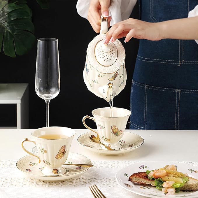 Porcelain Tea Cup and Saucer Set, 8.5 oz/250 ml Ceramic Coffee Mug with Saucer and Spoon, Vintage Coffee Cup with Gold Trim and Gift Box for Mom Women Mother's Day, Butterfly Pattern