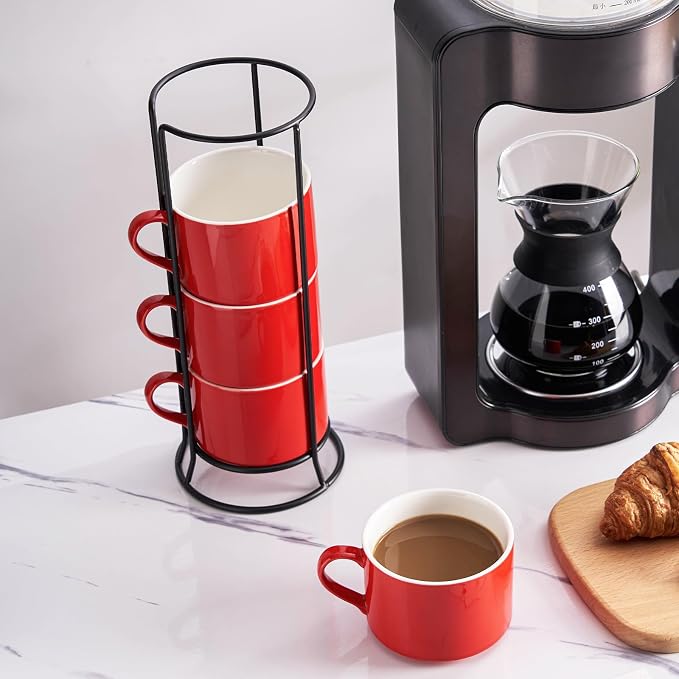10oz Porcelain Stackable Coffee Mugs and Metal Stand Set of 4, Espresso Cups Set for Hot Drinks, Cappuccino, Tea-Red