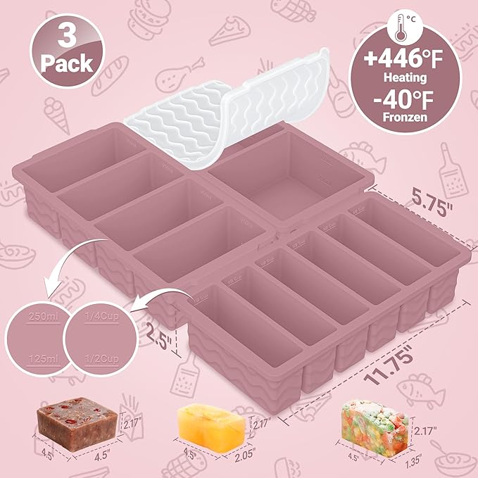 3-Pack Silicone Freezer Trays with Lid,2 Large 2-Cup(500ml)&4 Medium 1-Cup(125ml)&6 Small 1/2-Cup(75ml) Soup Freezer Container Molds,Ice Cube Tray For Meal Prep&Freezing Soup,Stews,Sauces
