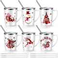 6 Pcs Christmas Coffee Mugs Cups 16 Oz Merry Christmas Stainless Steel Insulated Tumblers Set with Handle Lid Straw Brushes Xmas Red White Snowman Hohoho Mugs Gifts for Winter Holiday Party