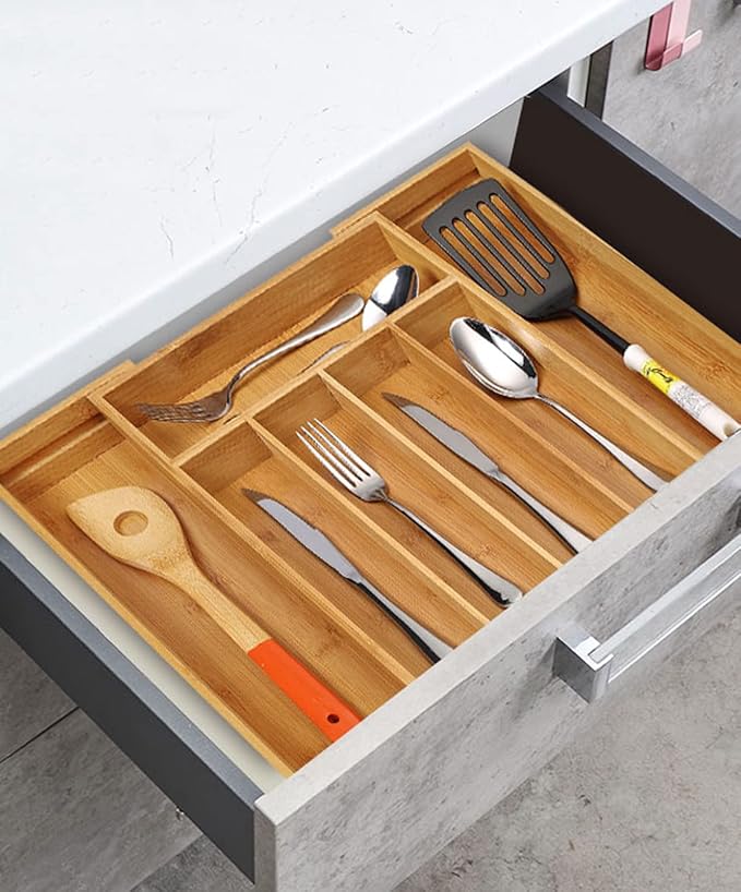 Utoplike Bamboo Expandable Kitchen Drawer Organizer and Bamboo Cutlery Tray Silverware,(11.5"-18") W X 15" H X 2.4“D (Small)
