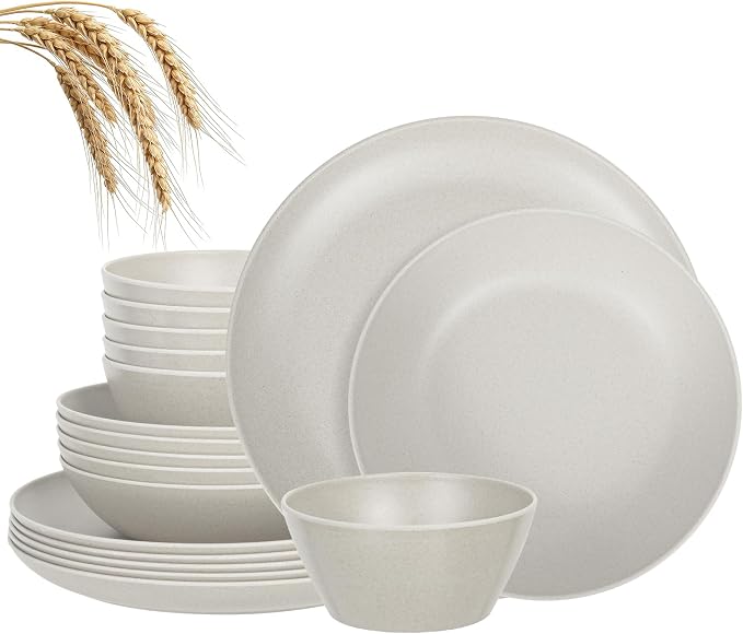 Unbreakable Dinnerware Set for 6 Matte Nautral White 18 Piece Melamine Wheat Straw BPA Free Lightweight Dishwasher Safe Shatter Resistant for Daily Dining Kitchen Outdoor RV