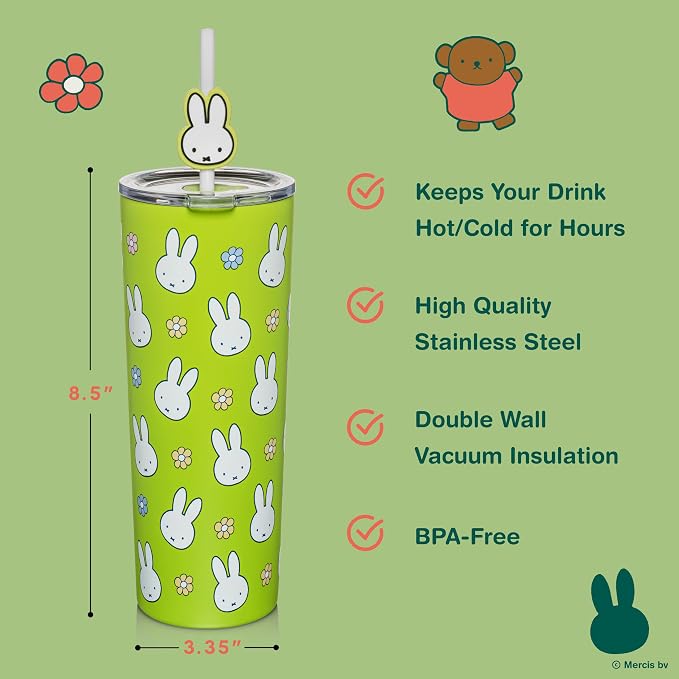 Dragon Glassware | Miffy Stainless Steel Tumbler with Straw, 24 oz - Green | Vacuum Insulated Stainless Steel Tumbler with Straw & Lid; Double Walled Tumbler with Straw Charm; Miffy Cup with Lid