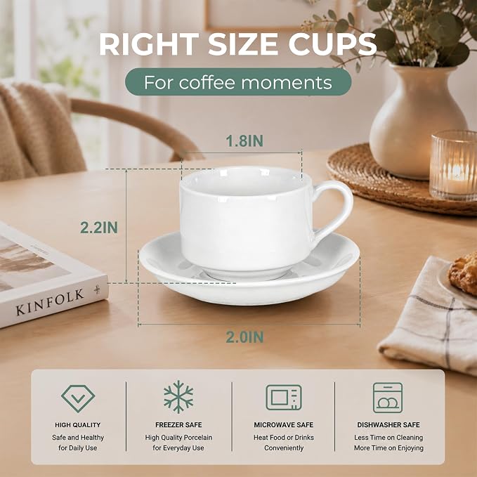 8 Ounce Cappuccino Cups Set of 4, White | Stackable Cappuccino Mugs, Includes Display Stand, Cups Saucers, and Spoons, for Machines & Home Use, Silver Stand