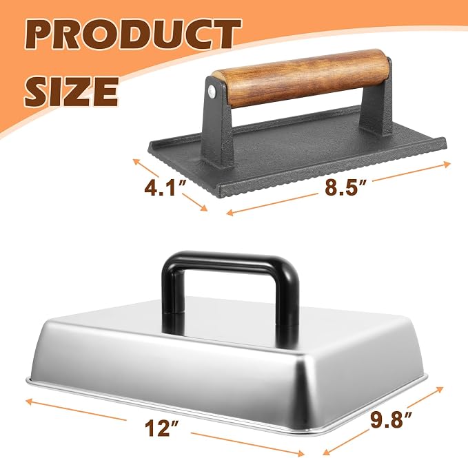 12 x 9 Inch Rectangular Basting Cover and Grill Press Kit for Blackstone Accessories, Universal BBQ Melting Dome Steaming Lid & Smash Burger Press for Flat Top Teppanyaki, Dishwasher Safe