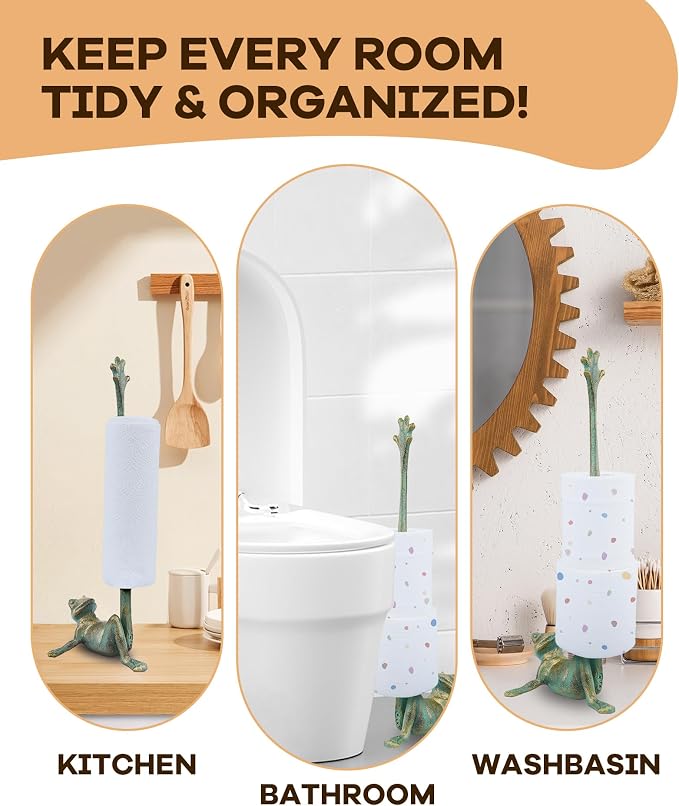 16.5" Golden-Green Frog Paper Towel Holder for Bathroom & Kitchen - Whimsical Cast Iron Free Standing Paper Roll Holder, Decorative Toilet Paper Stand with Weighted Base