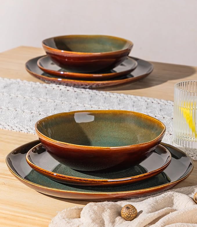 GBHOME Stoneware Dinnerware Sets for 4, 12 Pieces Rustic Earthenware Plates and Bowls Set, Handmade Reactive Glaze Ceramic Plate Sets, Chip Resistant Dishes, Microwave & Dishwasher Safe, Green Brown
