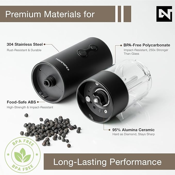 Electric Salt and Pepper Grinder Set USB-C Rechargeable, Dual-Speed Automatic Salt and Pepper Mills with 9 Adjustable Coarseness, Ceramic Burr, LED Light, Refillable, (Carbon Black)