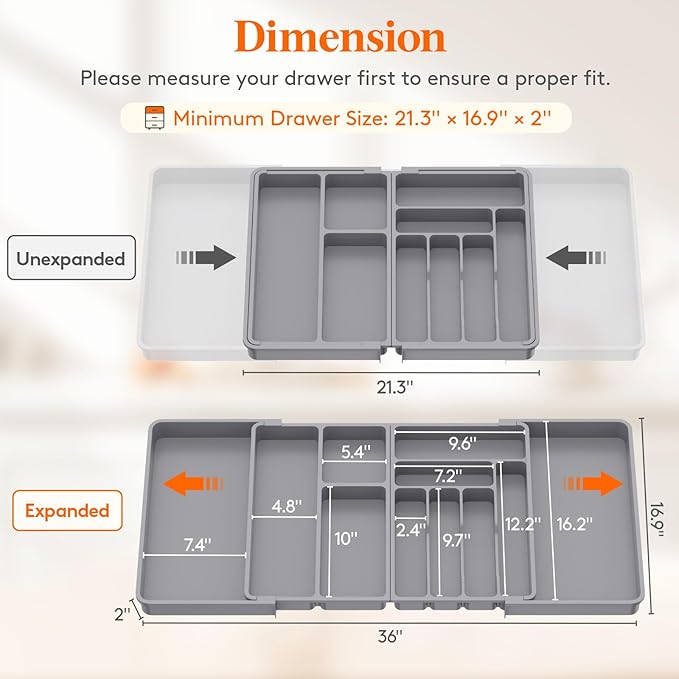 Lifewit Silverware and Cooking Utensil Drawer Organizer Set – Expandable Adjustable Plastic Storage for Cutlery, Flatware, Spoons, Forks, Knives, and Kitchen Tools, BPA-Free, Gray