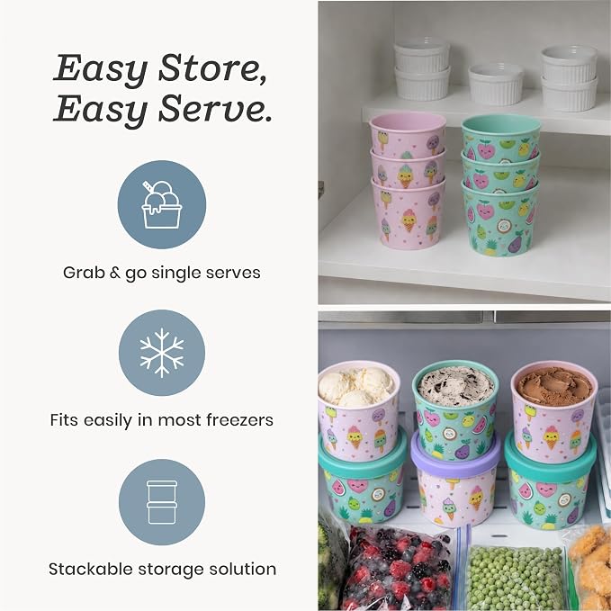 Starpack Freeze The Day Ice Cream Containers for Freezer (6-Pack, 13.5oz) - Dessert Single Serve with Silicone Lids - BPA-Free, Airtight, Reusable for Homemade Ice Cream, Sorbet, Kawaii Pink & Green