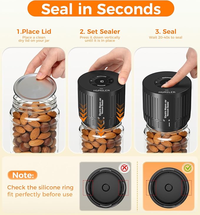 Electric Mason Jar Vacuum Sealer Kit - 2 Modes for Vacuum and Fast Marinade, 10 Sealing Lids - Preserve Freshness Efficiently, Ideal for Canning Jams, Pickles, Dry Foods, Grains Storage
