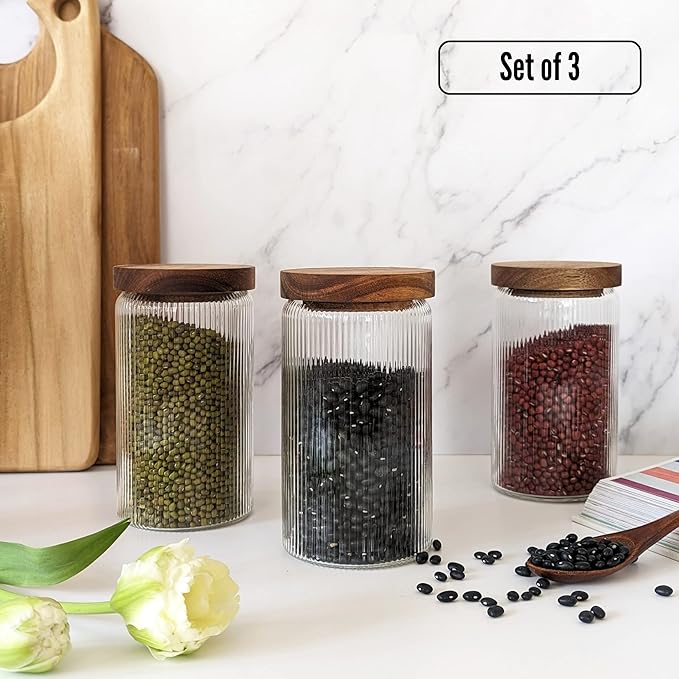Mason & Fable Ribbed Glass Jars with Wooden Lid 27 fl oz- Set of 3 | Airtight Fluted Storage Container for Pasta, Coffee, Candy, Dog Treats, Snacks | Glass Organization Canisters for Home & Kitchen