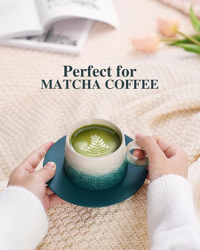 ZENS 7.3 Ounce Cappuccino Mug Set of 2, Artistic Embossed Cappuccino Cups Set with Saucers, Ceramic Coffee Cups for Double Espresso, Au Lait, Latte or Tea, Coffee Lovers Gifts, Dark Green