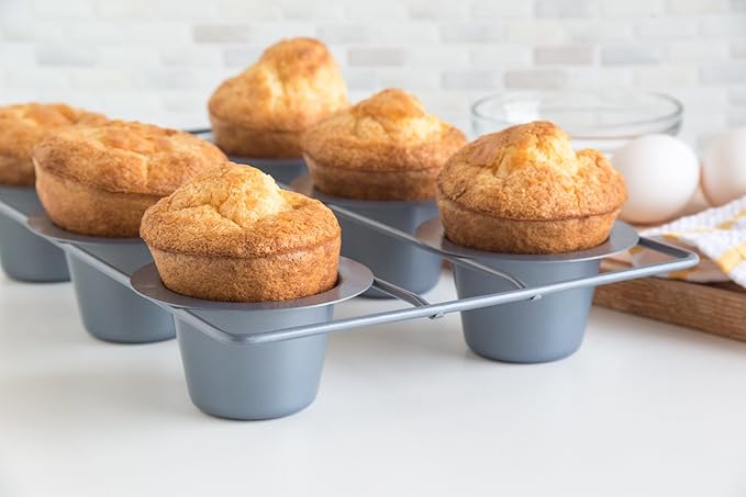 Fox Run Non-Stick Popover Pan, 6 Cup Yorkshire Pudding Pan, Grey | Bake Popovers & Yorkshire Pudding | Easy Release Nonstick | Consistent Results | 6 Cup Pop Over Baking Pan | Baking Gadget