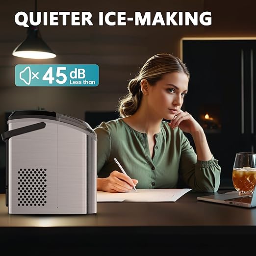 EUHOMY Nugget Ice Maker Countertop with Handle, Ready in 6 Mins, 34lbs Per Day, Removable Top Cover, Auto-Cleaning, Portable Sonic Ice Maker with Basket and Scoop, for Home/Party/RV/Camping (Silver)