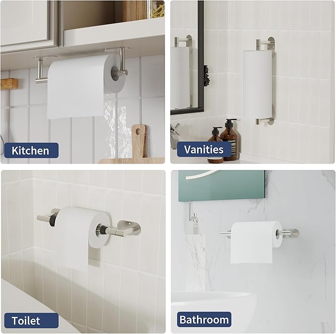 Paper Towel Holder Under Cabinet, Single Hand Operable Roll Holder with Damping Effect,Self-Adhesive or Drilled SUS304 Stainless Steel for Kitchen Bathroom,Brushed Nickel