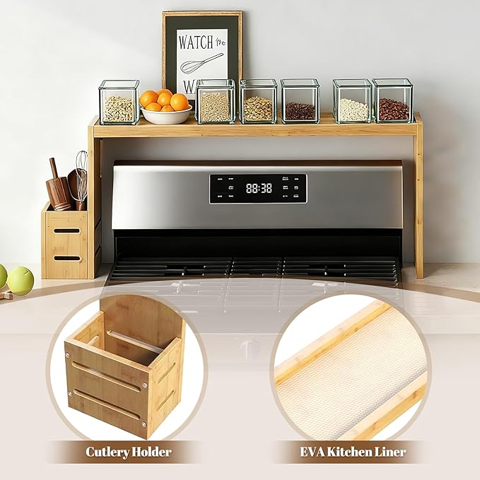 Over The Stove Shelf Wooden,Bamboo Spice Rack for Above the Kitchen Hob,31.5-inch Spice Storage Rack,Height-Adjustable, 50-pound Weight Capacity, Easy to Assemble (Wood colour)