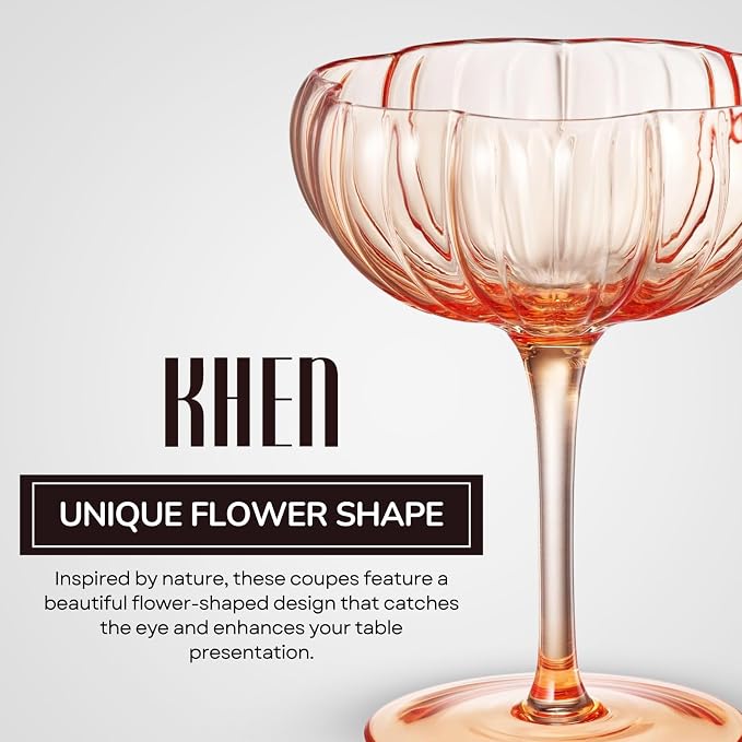 Khen Flower Vintage Wavy Glass Coupes Martini, Champagne & Cocktail Coupes - Set of 5-7oz Colorful Cocktail Glasses & Champagne, Prosecco, Mimosa Glassware Gift, Copyright Design - Summer Flora Coupes