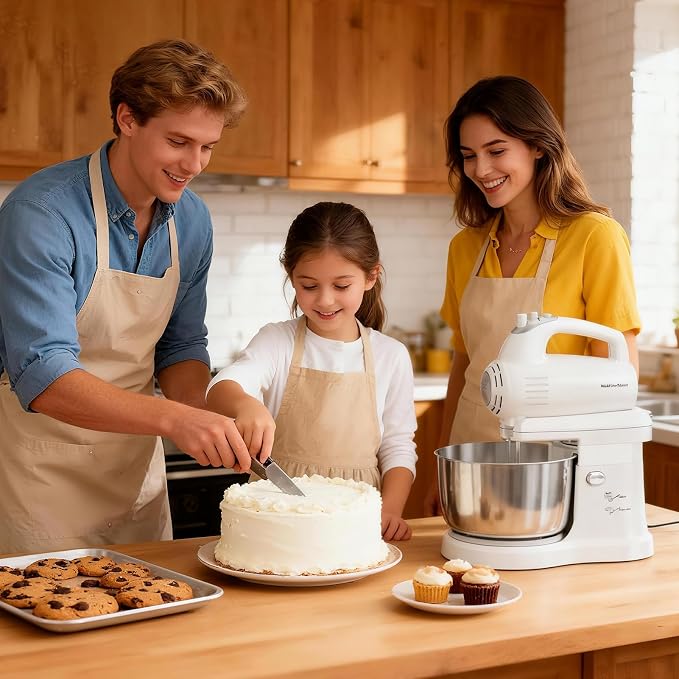 3.2QT 2-in-1 Stand Mixer, Electric Kitchen Mixer with Auto-Rotating Bowl & Tilt-Head, 5-Speed 250W Turbo Baking Machine for Beginners with Beater & Dough Hook for Cookie, Bread, Cake (White)