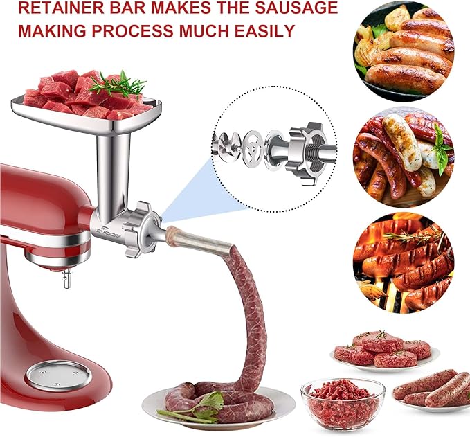 Metal Meat Grinder Attachment for KitchenAid Stand Mixer, Meat Grinder for Kitchen Aid Includes 4 Grinding Plates, 3 Sausage Stuffer Tubes, 2 Grinding Blades, Food Grinder Attachment for KitchenAid