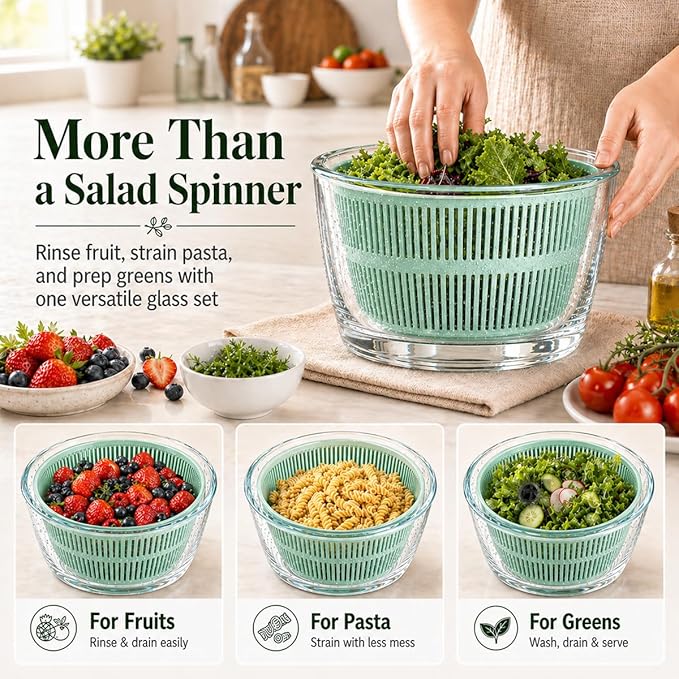 Large 5.2 Qt Glass Salad Spinner Vegetable Dryer with Drain Microwave Safe Dishwasher Safe with Transparent Lid Crank Handle Quick Spin Greens Washer for Lettuce Herbs Fruits