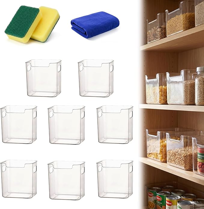 Crystal Clear Freezer Storage Bins, Clear Plastic Storage Bins for Refrigerator and Pantry, Stackable Freezer Organizer Bins with Handles, Versatile for Kitchen, Bathrooms, Cabinets (8 Small)