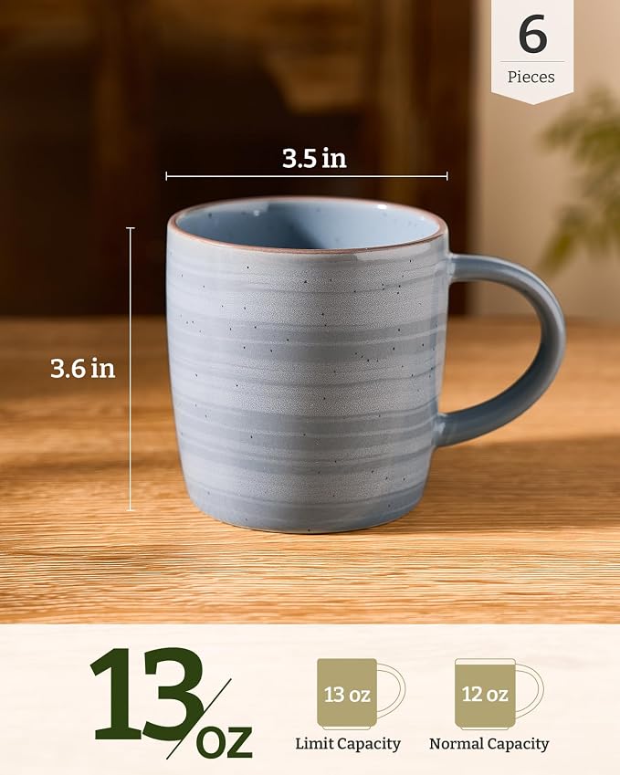 famiware Coffee Mugs Set of 6, Meteor 13 oz Ceramic Mug Cup Set with Handle for Coffee, Tea, Cappuccino, Latte, Milk, Blue Gray