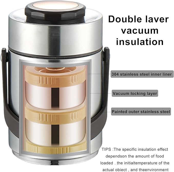 Thermal For Hot Food,1.5L Bento Lunch Box,2-Tier Stackable Insulated Food Jar,Portable Stainless Steel Food Container,Leakproof Insulated Lunch Container For Hot Food,For Office Picnic Travel(Silver)
