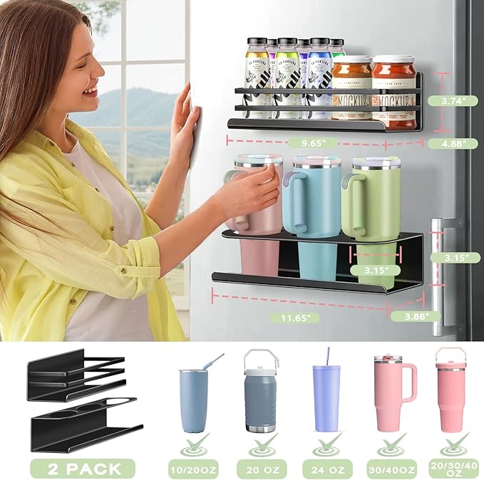 Magnetic Cup Holder for Fridge, Heavy-Duty 2 Packs magnetic water bottle holder for Stanley 30/40 oz Tumbler, Magnetic Spice Organizer Racks - Refrigerator Seasoning Organization Shelves for Kitchen