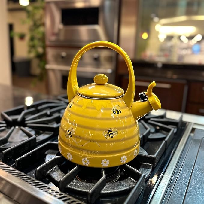 UPware Enamel on Steel Whistling Tea Kettle, Stovetop Teakettle (2.4 Quart, Bee Hive)