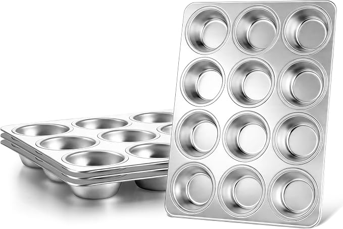 LIANYU 12 Cup Muffin Cupcake Pan for Baking, 4 Pack Stainless Steel Cup Cake Muffin Tin, Non-Toxic Muffin Cupcake Tray Pan for Oven, Metal Cupcake Mold for Mini Muffin Quiches, Dishwasher Safe