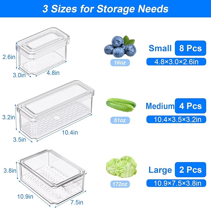14 Pack Fridge Organizers and Storage, Clear Plastic Storage Bins with Lids , Stackable Food Containers with Drain Boards, Kitchen Organization and Storage, Produce Saver for Vegetables, Fruits, Meat