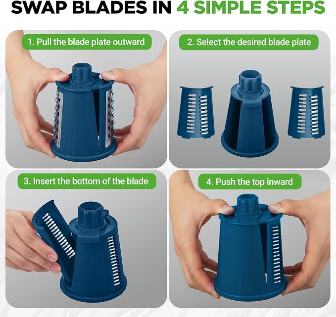NutriChef 5 in 1 Cheese Grater & Shredder | 5 Different Blades for Thin, Thick, Julienne Strips, Wavy, & Straight Strips | Includes Hand Crank, Strong Suction Base & Storage Container | Blue