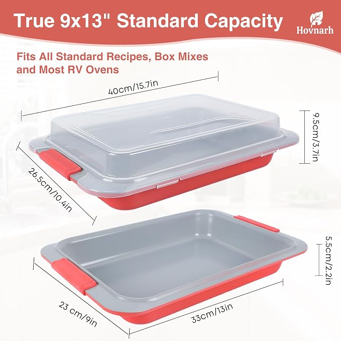 9x13 Baking Pan with Lid, Deep Nonstick Covered Cake Pan for RV & Convection Oven, Heavy Duty Warp-Resistant Pan with Silicone Handles, Snap-On Cover for Meal Prep, Storage, Transport (Coral Red)